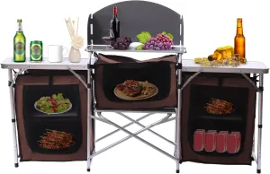Folding Camping Kitchen Table, Picnic Cabinet Table Portable Cooking Storage Rack Camping Kitchen Station Grill Table Tabletop with 2 Side Table Windscreen for Backyard BBQ Picnic