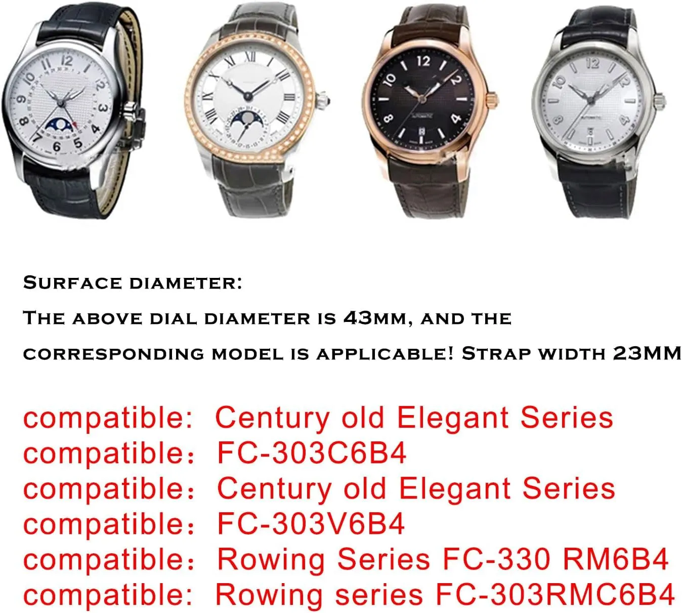for Frederique Constant Century old Elegant Series FC-303C6B4/303V6B4 Genuine Calf Skin Leather Watch Bands Compatible Rowing Series FC-330 RM6B4/RM6B6, 23mm Curved End Double Spring Bars Men Straps