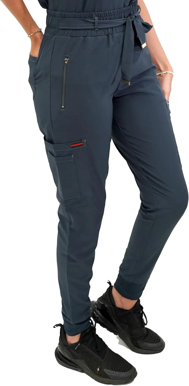FUBU Women's Slim Fit High Waisted Belted Jogger Scrub Pant Medical Nursing Uniform