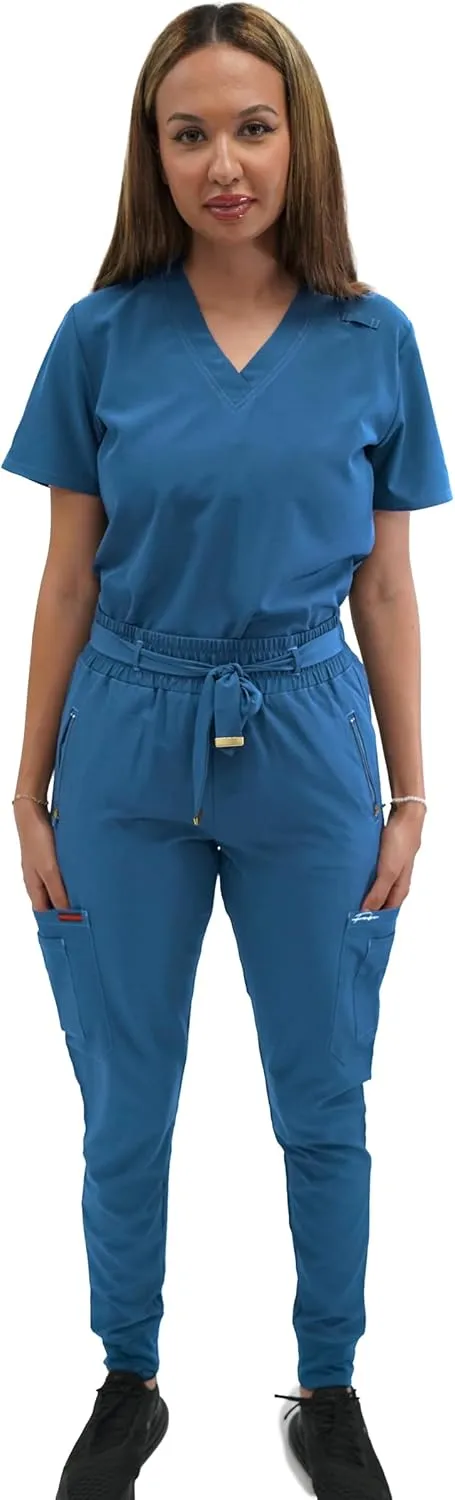 FUBU Women's Slim Fit High Waisted Belted Jogger Scrub Pant Medical Nursing Uniform