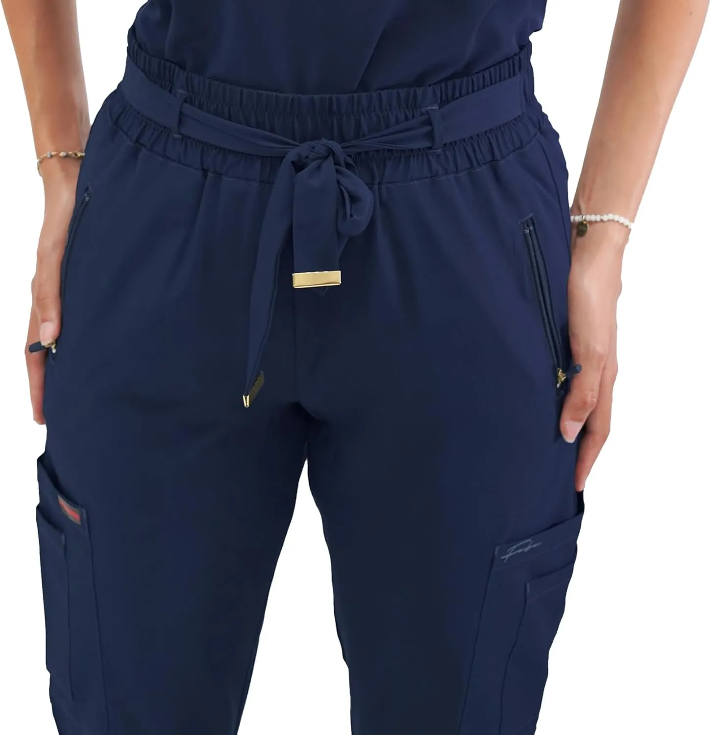 FUBU Women's Slim Fit High Waisted Belted Jogger Scrub Pant Medical Nursing Uniform