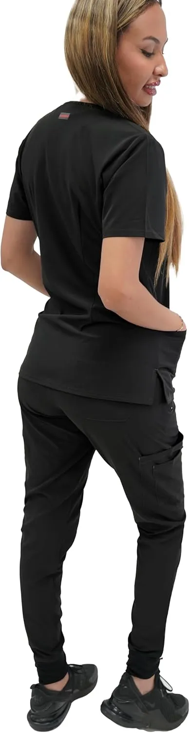 FUBU Women's Slim Fit High Waisted Belted Jogger Scrub Pant Medical Nursing Uniform