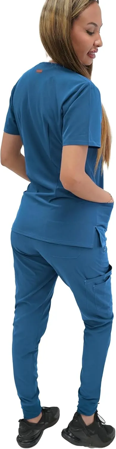 FUBU Women's Slim Fit High Waisted Belted Jogger Scrub Pant Medical Nursing Uniform