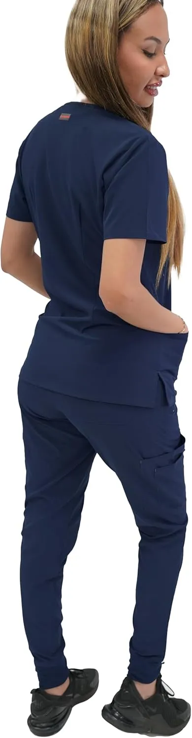 FUBU Women's Slim Fit High Waisted Belted Jogger Scrub Pant Medical Nursing Uniform