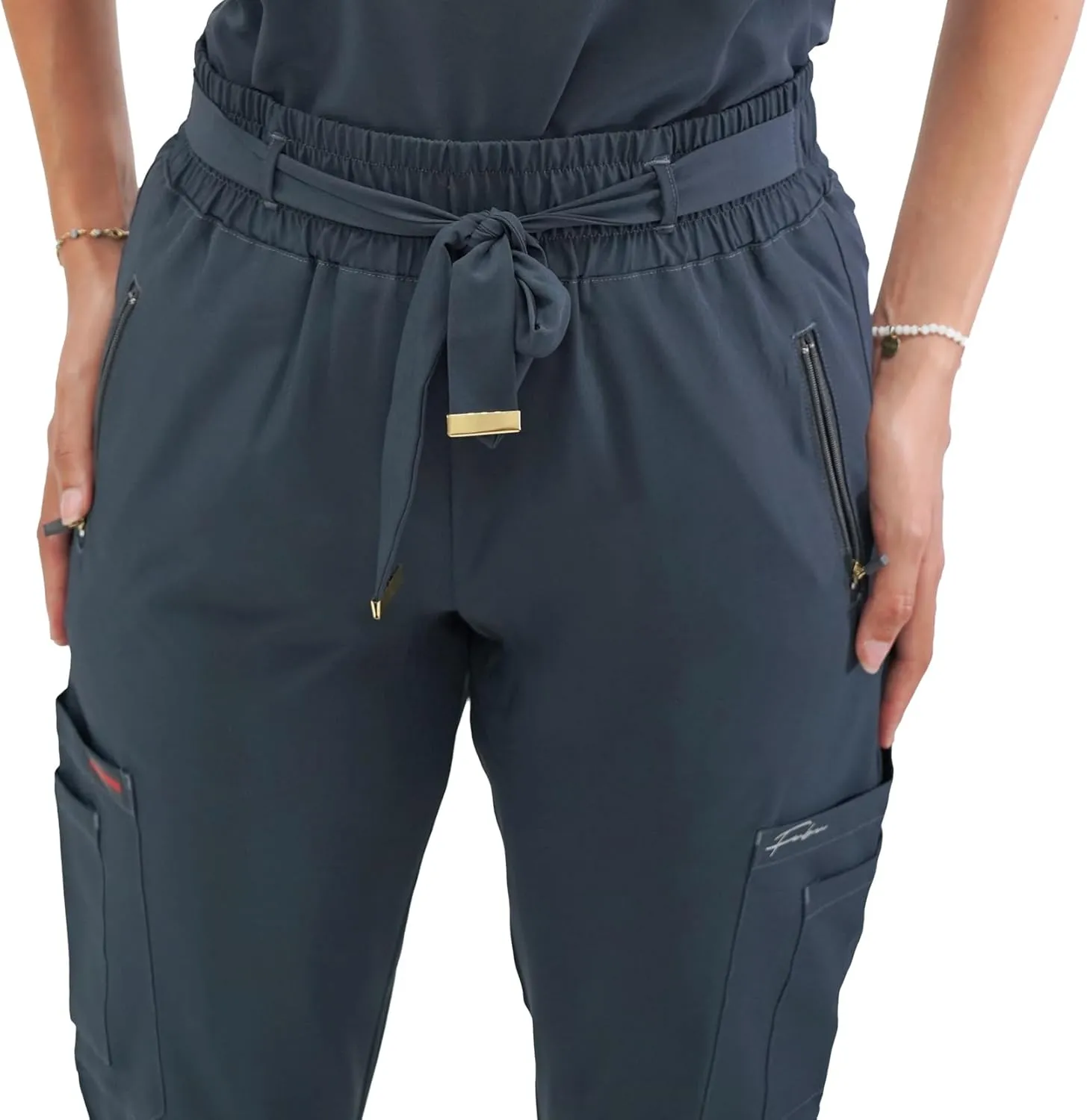 FUBU Women's Slim Fit High Waisted Belted Jogger Scrub Pant Medical Nursing Uniform
