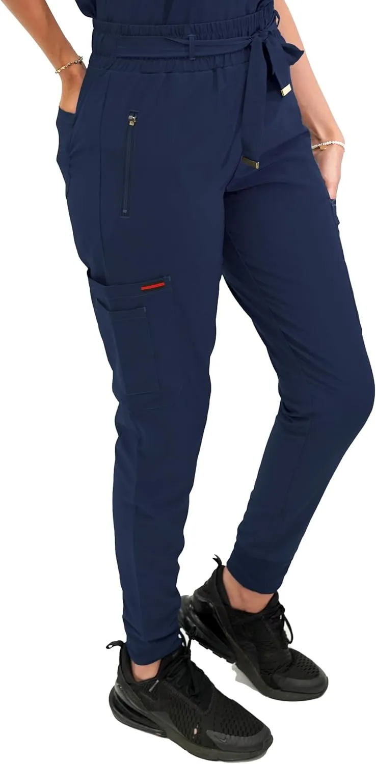 FUBU Women's Slim Fit High Waisted Belted Jogger Scrub Pant Medical Nursing Uniform