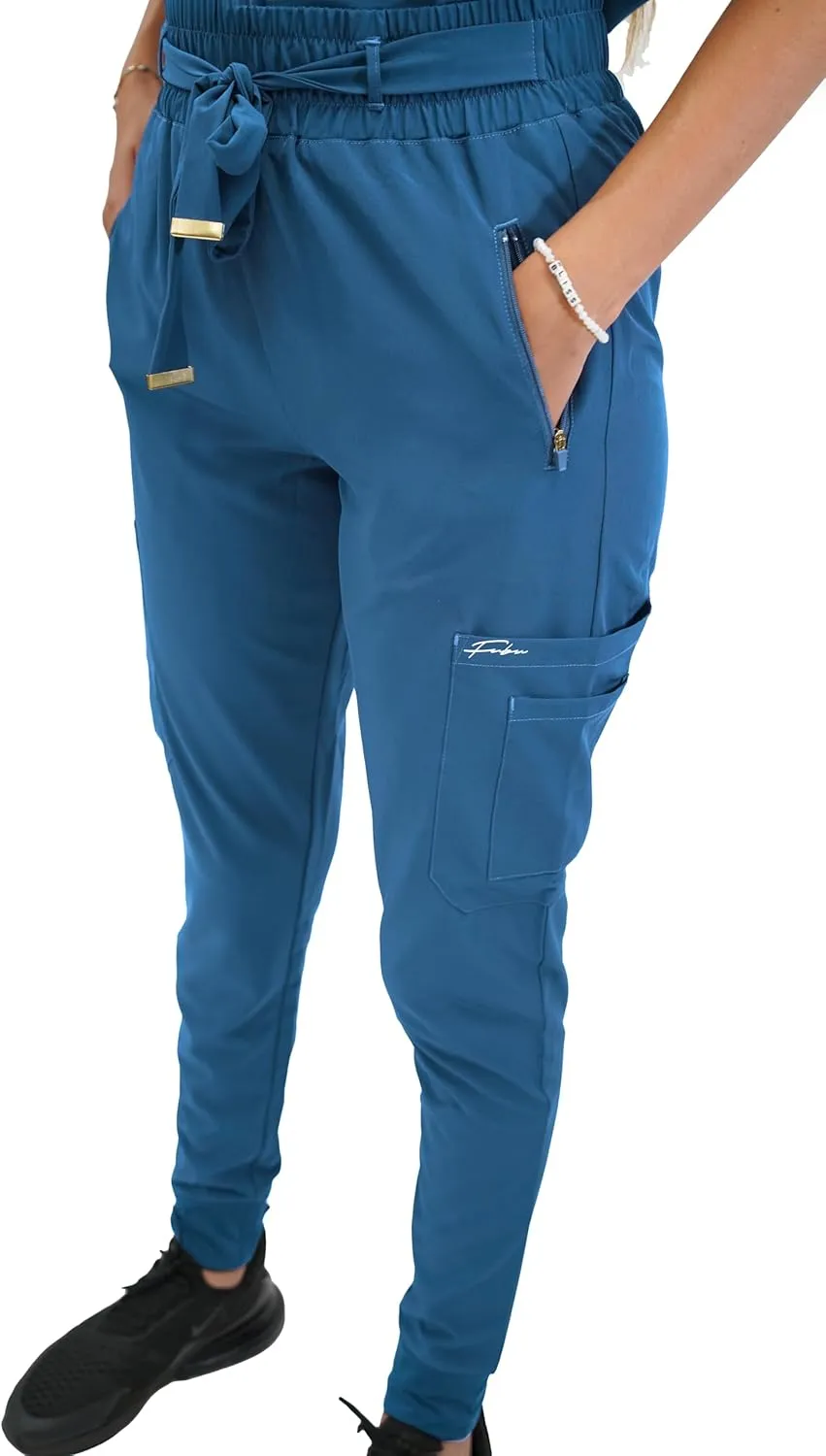 FUBU Women's Slim Fit High Waisted Belted Jogger Scrub Pant Medical Nursing Uniform