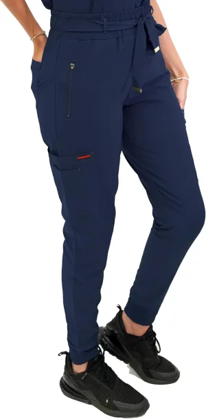 FUBU Women's Slim Fit High Waisted Belted Jogger Scrub Pant Medical Nursing Uniform