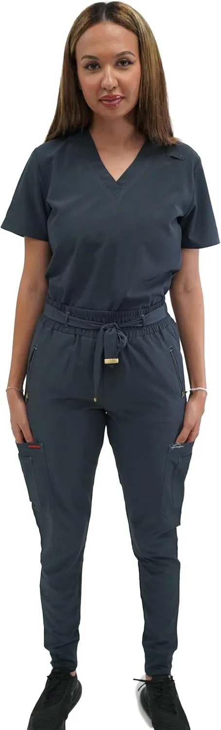 FUBU Women's Slim Fit High Waisted Belted Jogger Scrub Pant Medical Nursing Uniform