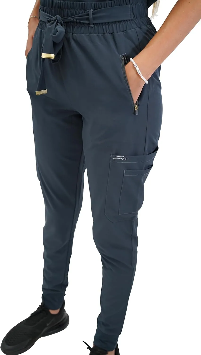 FUBU Women's Slim Fit High Waisted Belted Jogger Scrub Pant Medical Nursing Uniform