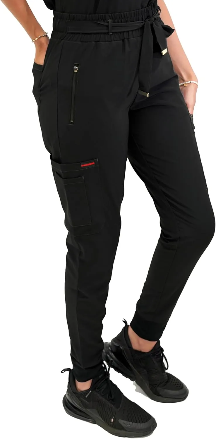 FUBU Women's Slim Fit High Waisted Belted Jogger Scrub Pant Medical Nursing Uniform