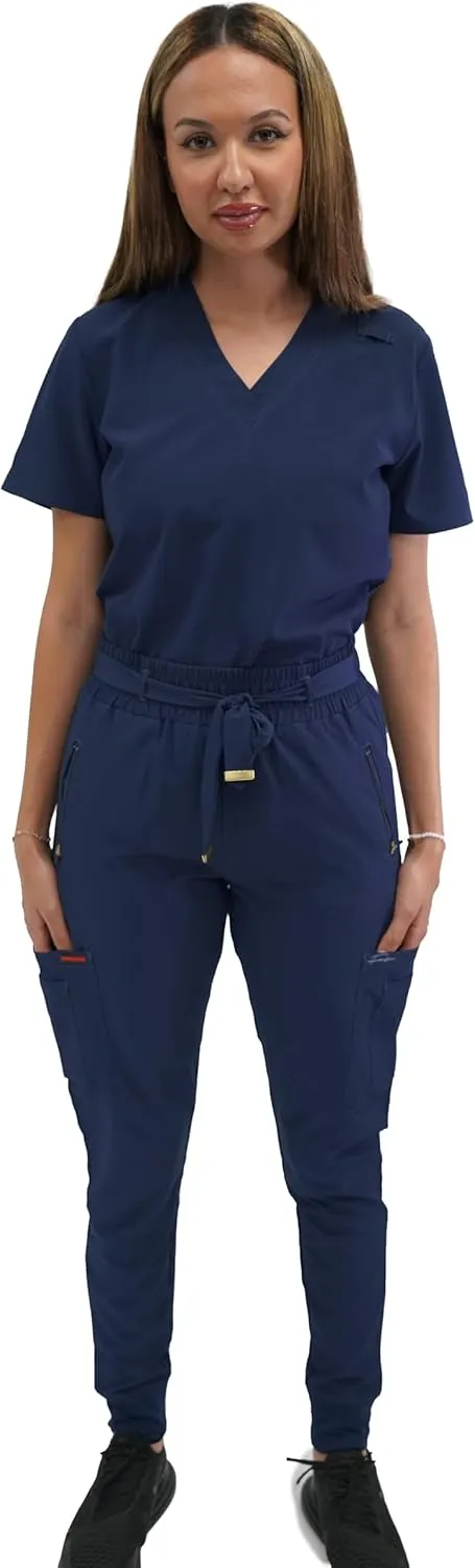 FUBU Women's Slim Fit High Waisted Belted Jogger Scrub Pant Medical Nursing Uniform