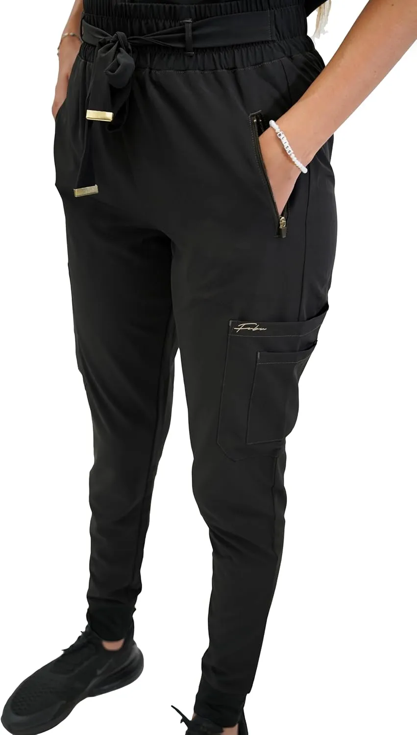 FUBU Women's Slim Fit High Waisted Belted Jogger Scrub Pant Medical Nursing Uniform
