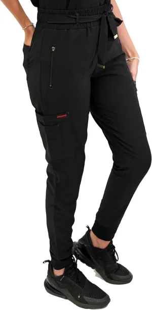 FUBU Women's Slim Fit High Waisted Belted Jogger Scrub Pant Medical Nursing Uniform