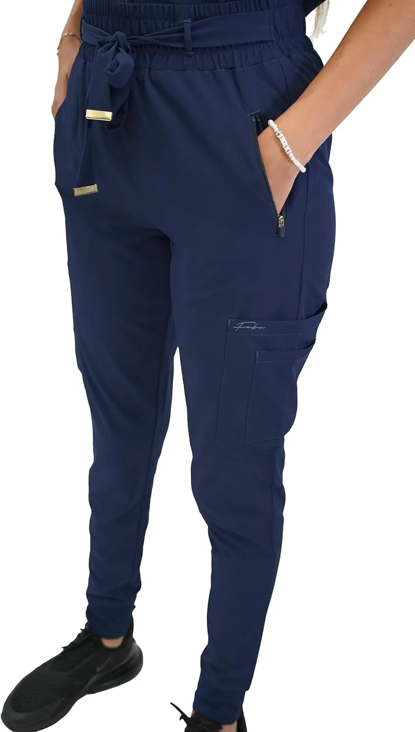 FUBU Women's Slim Fit High Waisted Belted Jogger Scrub Pant Medical Nursing Uniform