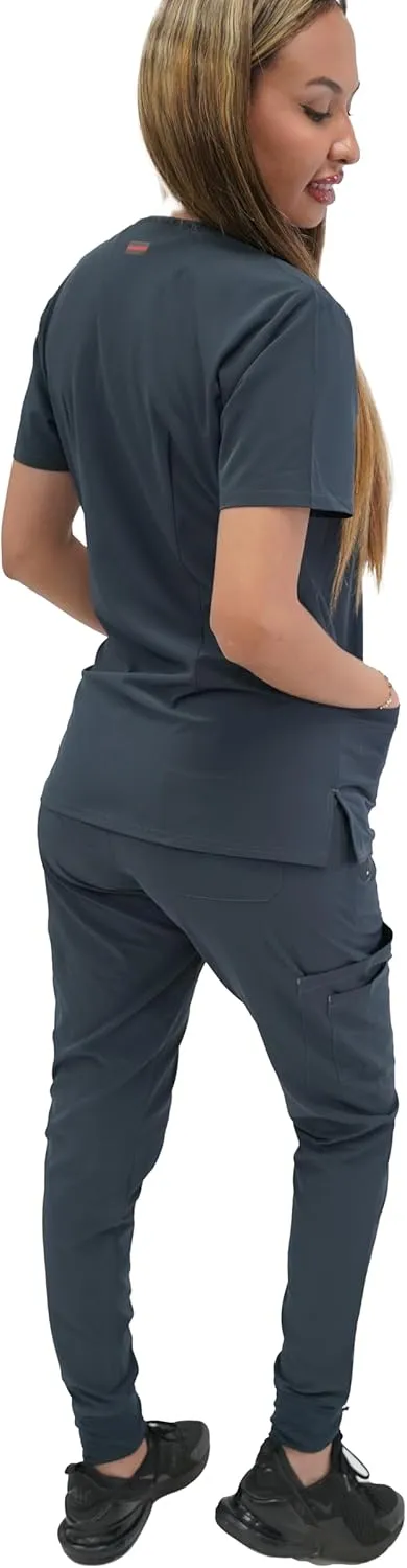 FUBU Women's Slim Fit High Waisted Belted Jogger Scrub Pant Medical Nursing Uniform