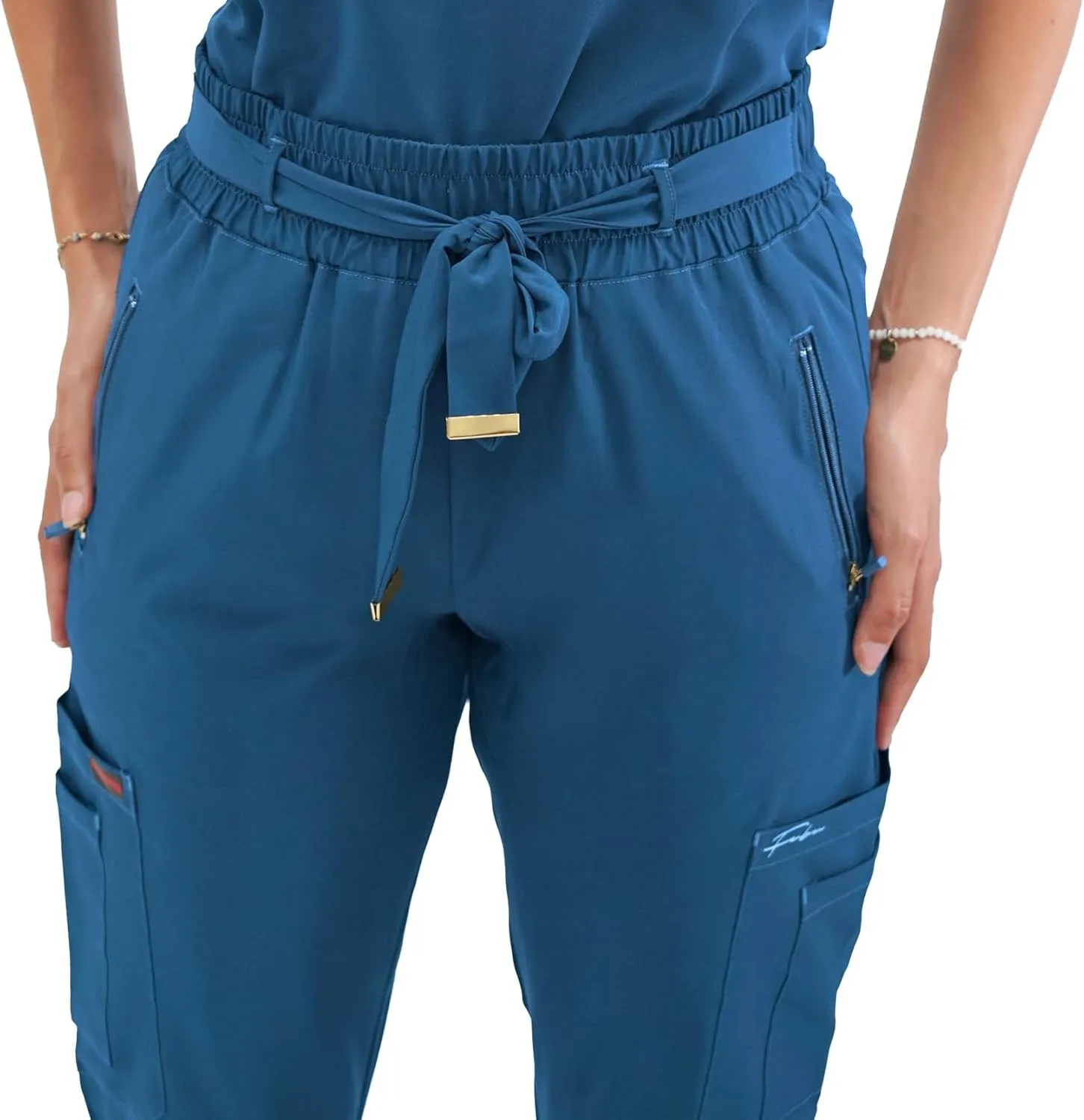 FUBU Women's Slim Fit High Waisted Belted Jogger Scrub Pant Medical Nursing Uniform