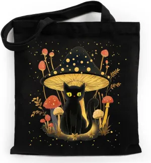 Funny Black Cat with Mushroom Canvas Tote Bag Gifts for Women, Cotton Pattern Totes Bag for Shopping Work, Birthday Mother's Day Gifts for Cat Lover
