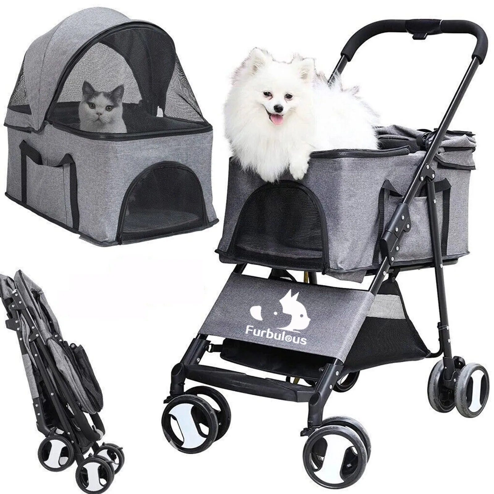 Furbulous Pet Dog Stroller Pram Cat Carrier Large Travel Pushchair Foldable 4 Wheels with Detachable Basket - Grey