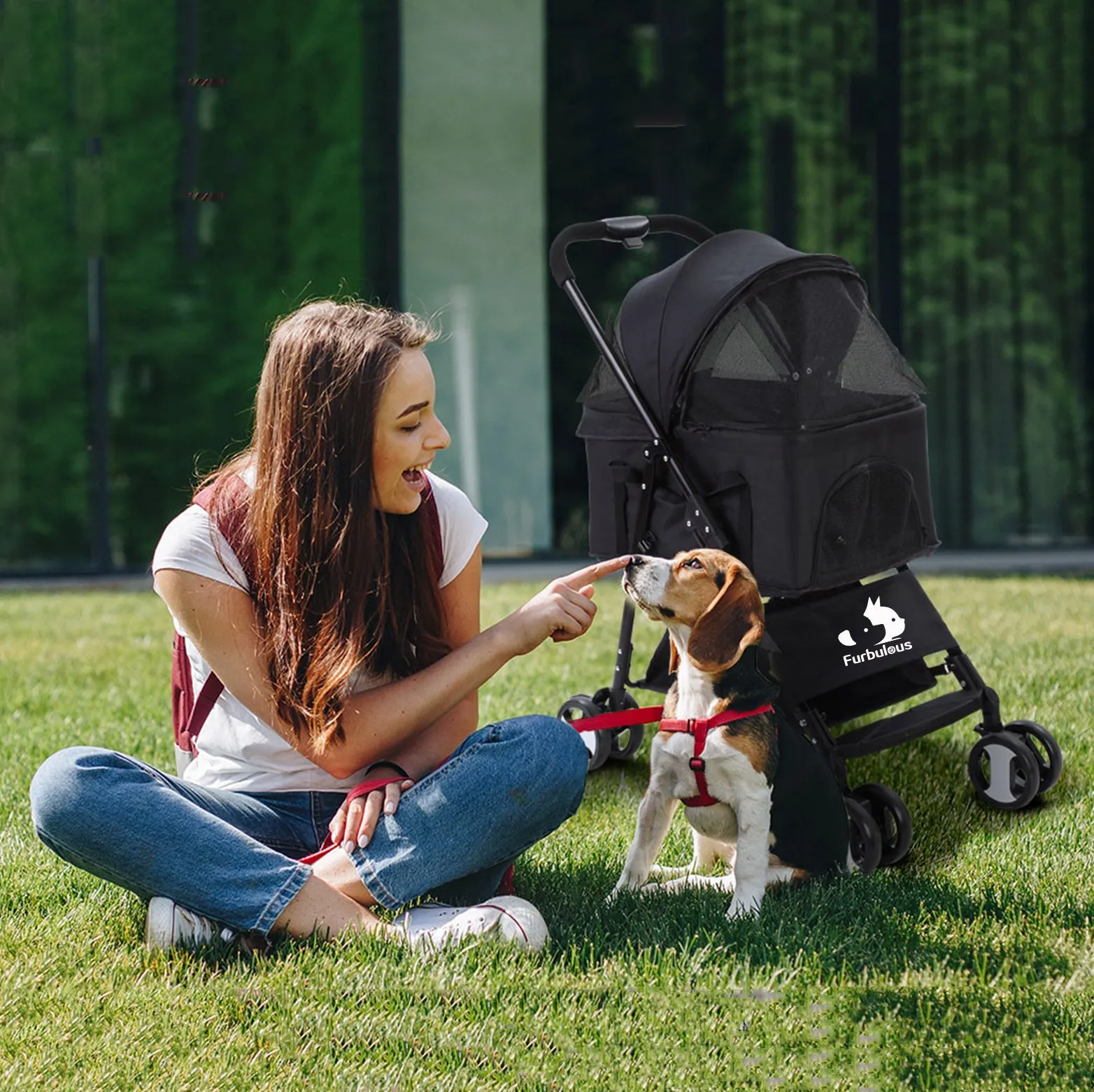 Furbulous Pet Dog Stroller Pram Cat Carrier Large Travel Pushchair Foldable 4 Wheels with Detachable Basket