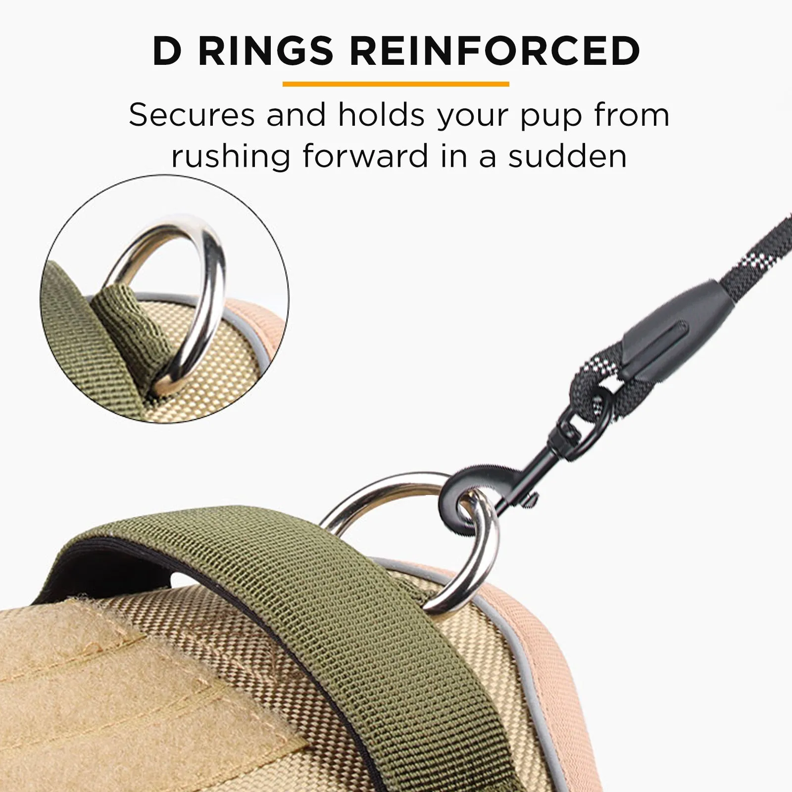Furbulous Tactical Dog Harness Adjustable No Pull Pet Harness Reflective Working Training Dog Harness with 1.5m Lead - Khaki Medium