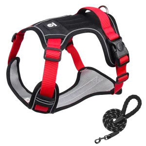 Furbulous Tactical Dog Harness Adjustable No Pull Pet Harness Reflective Working Training Dog Harness with 1.5m Lead - Red Large