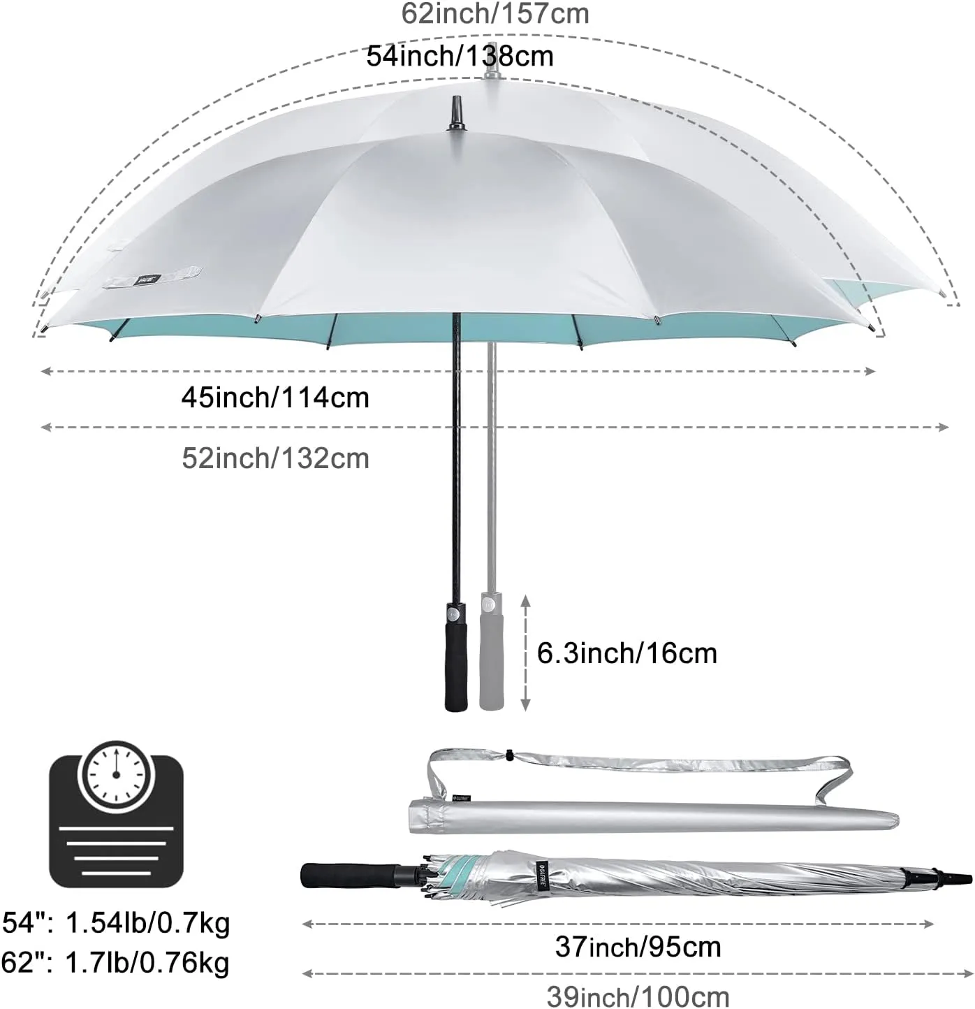 G4Free 54/62 Inch Windproof UV Protection Golf Umbrella Extra Large Silver Coated Automatic Open Stick Long Umbrella