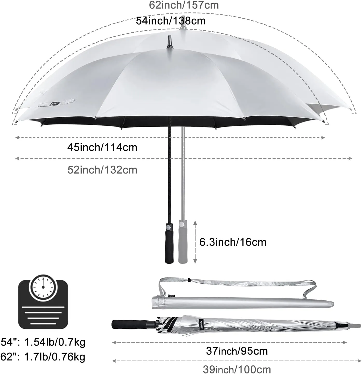 G4Free 54/62 Inch Windproof UV Protection Golf Umbrella Extra Large Silver Coated Automatic Open Stick Long Umbrella