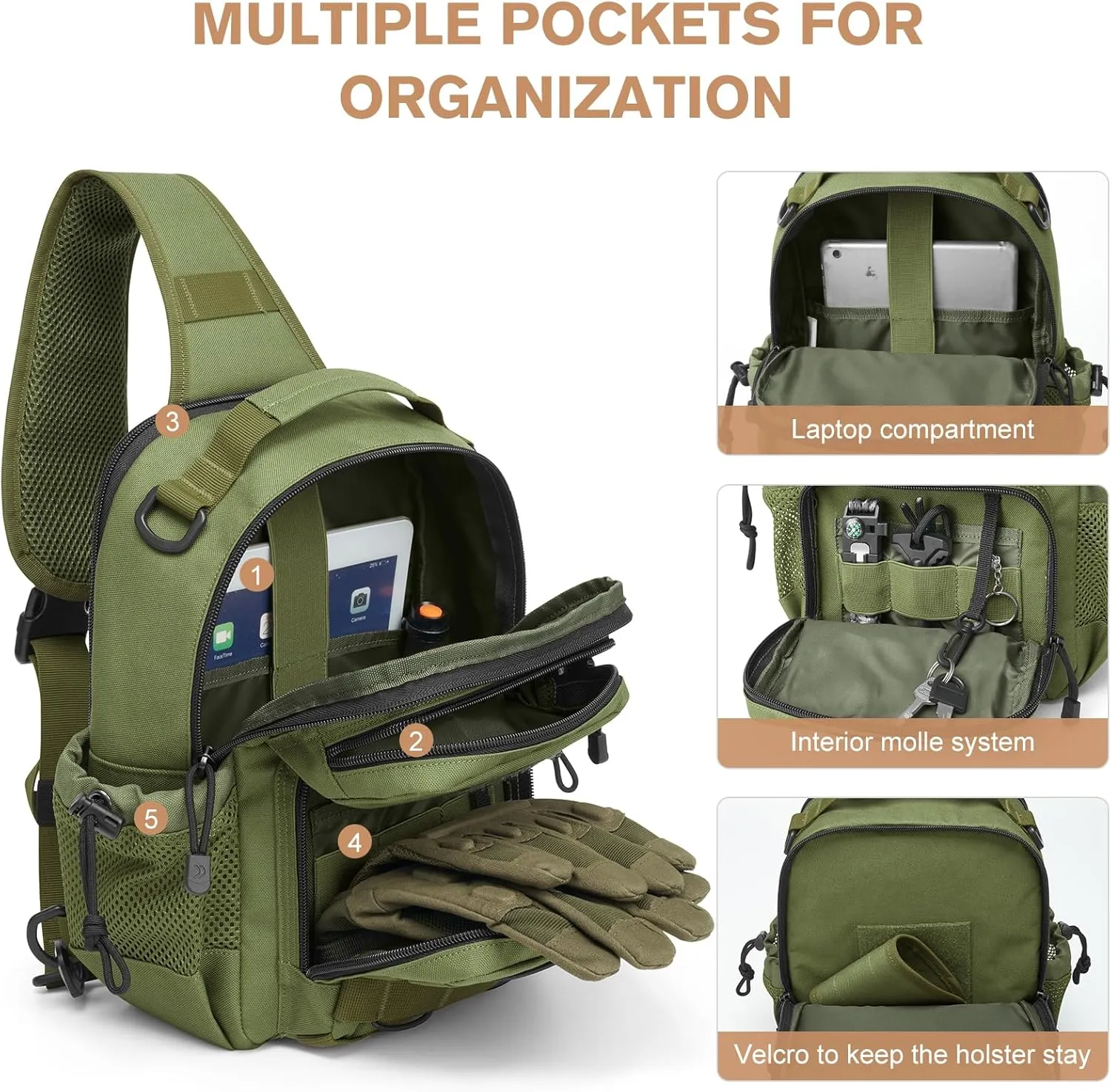 G4Free Tactical Backpack Military Sling Shoulder Bag Molle Pack for Every Day Carry-Green