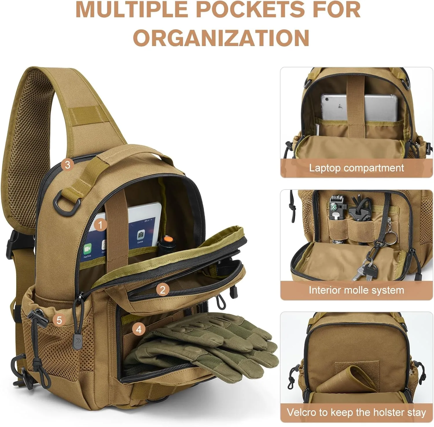 G4Free Tactical Backpack Military Sling Shoulder Bag Molle Pack for Every Day Carry-Khaki