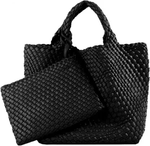 GBB Woven Bag for Women PU Leather Handwoven Tote Bag Large Handbag with Clutch Handmade Casual Purses Shopper Shoulder Bags