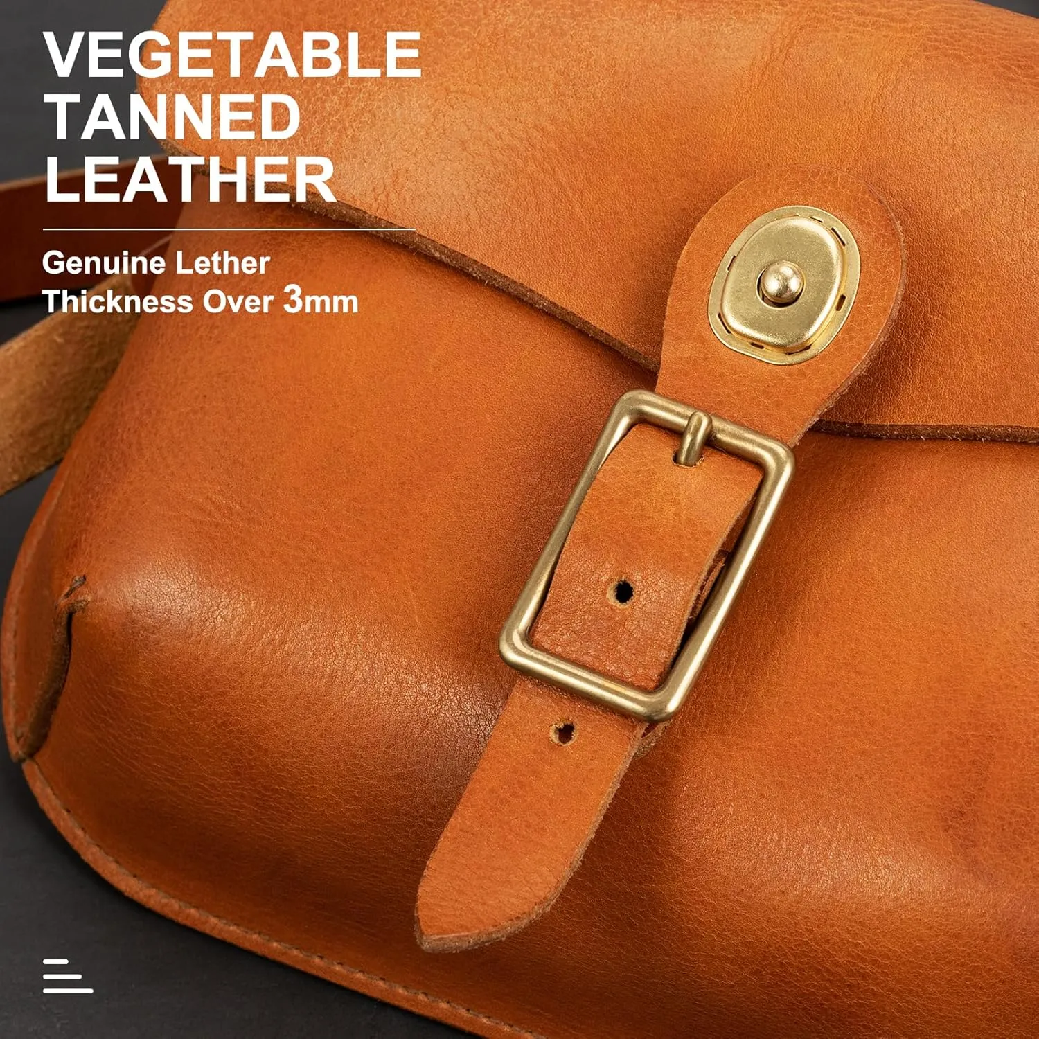 Genuine Leather Cross Body Bag for Women Men, Vegetable-Tanned Leather, Adjustable Strap,Pure Brass