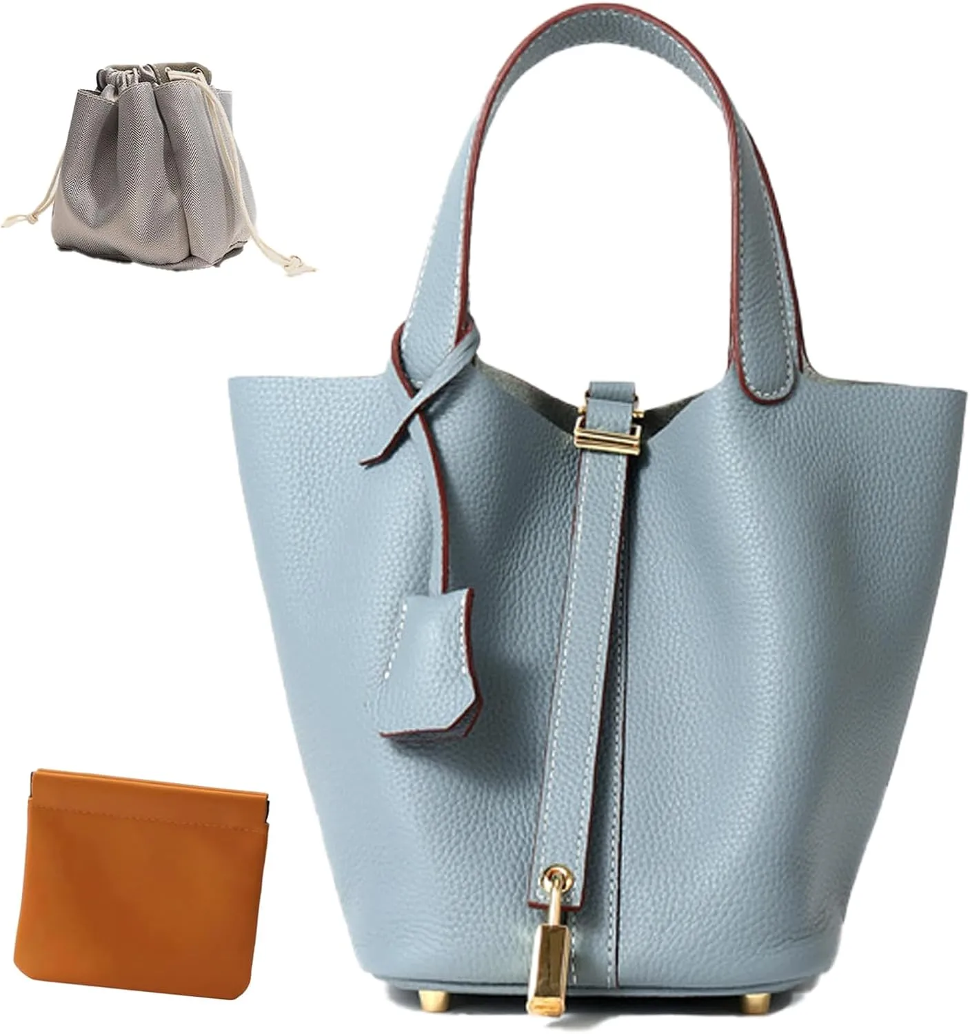 Genuine Leather Lock Design Bucket Bag Vegetable Basket, Fashionable and Versatile Shoulder Handbag
