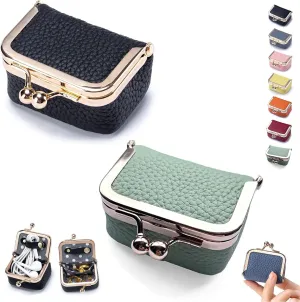 Genuine Leather Mini Jewelry Box, Mini Coin Purse Jewelry Case, Jewelry Case Kiss Lock, Travel Ring Box for Women for Earring/Ring/Necklace/Bracele (2 Pcs-H)