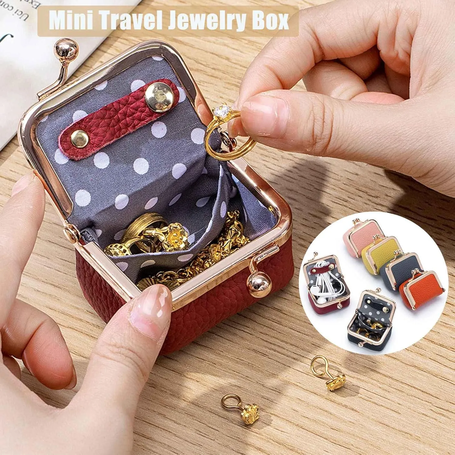 Genuine Leather Mini Jewelry Box, Mini Coin Purse Jewelry Case, Jewelry Case Kiss Lock, Travel Ring Box for Women for Earring/Ring/Necklace/Bracele (2 Pcs-H)