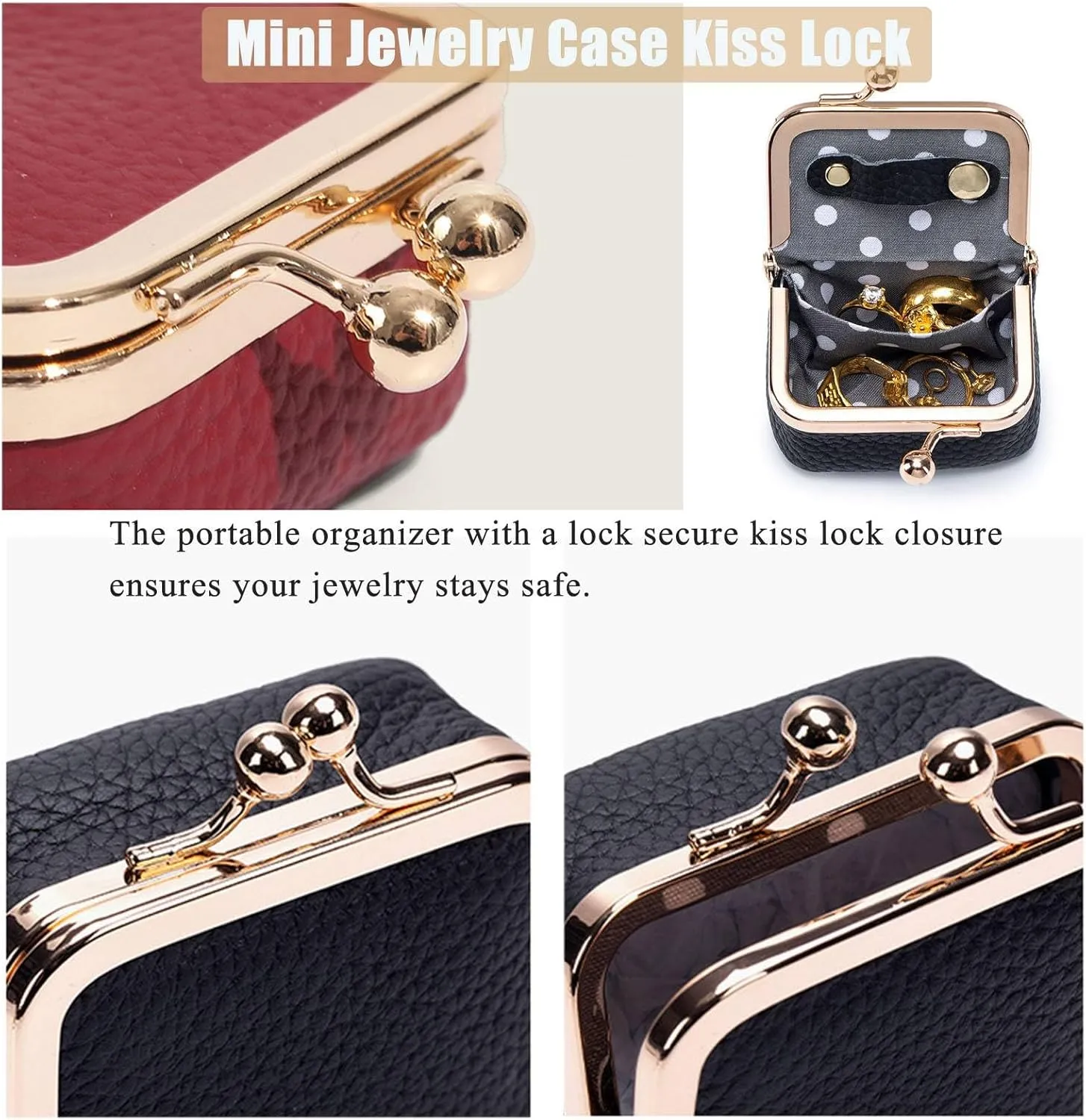 Genuine Leather Mini Jewelry Box, Mini Coin Purse Jewelry Case, Jewelry Case Kiss Lock, Travel Ring Box for Women for Earring/Ring/Necklace/Bracele (2 Pcs-H)