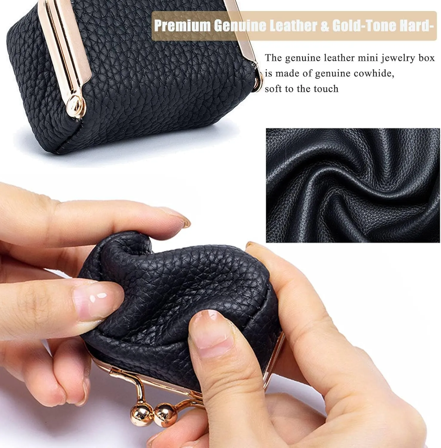Genuine Leather Mini Jewelry Box, Mini Coin Purse Jewelry Case, Jewelry Case Kiss Lock, Travel Ring Box for Women for Earring/Ring/Necklace/Bracele (2 Pcs-H)