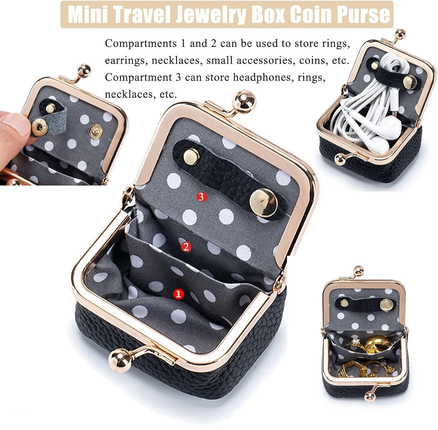 Genuine Leather Mini Jewelry Box, Mini Coin Purse Jewelry Case, Jewelry Case Kiss Lock, Travel Ring Box for Women for Earring/Ring/Necklace/Bracele (2 Pcs-H)