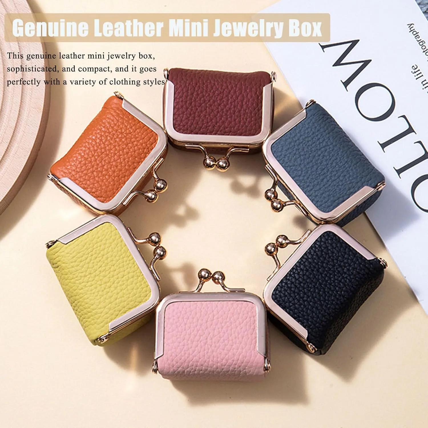 Genuine Leather Mini Jewelry Box, Mini Coin Purse Jewelry Case, Jewelry Case Kiss Lock, Travel Ring Box for Women for Earring/Ring/Necklace/Bracele (2 Pcs-H)