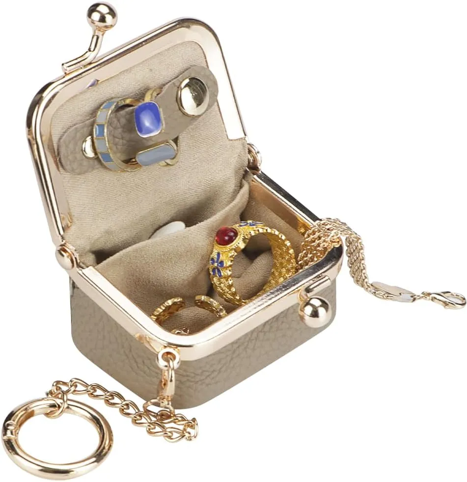 Genuine Leather Mini Jewelry Women's Coin Purse Solid Color Kiss Lock Change Pouch Casual Style Small Storage Bag for Women 1894 (Brown with Chain)