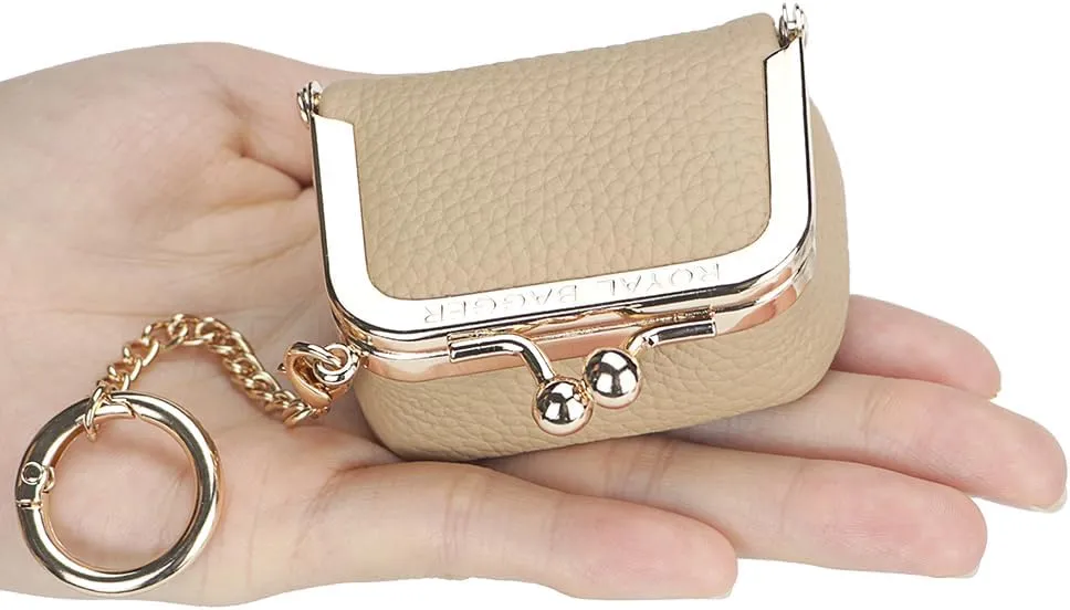 Genuine Leather Mini Jewelry Women's Coin Purse Solid Color Kiss Lock Change Pouch Casual Style Small Storage Bag for Women 1894 (Brown with Chain)