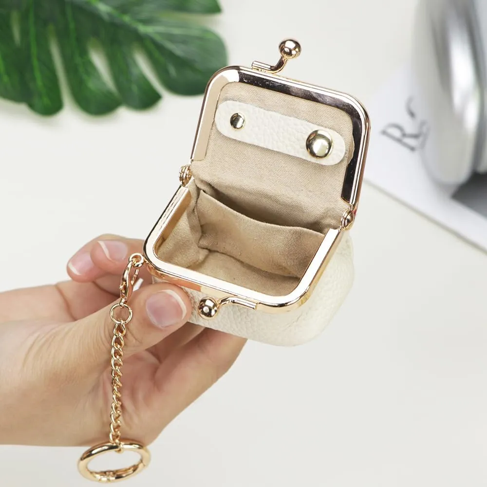 Genuine Leather Mini Jewelry Women's Coin Purse Solid Color Kiss Lock Change Pouch Casual Style Small Storage Bag for Women 1894 (Brown with Chain)