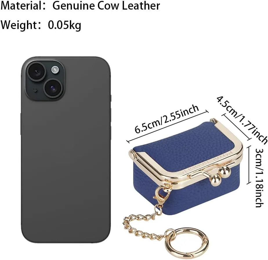 Genuine Leather Mini Jewelry Women's Coin Purse Solid Color Kiss Lock Change Pouch Casual Style Small Storage Bag for Women 1894 (Brown with Chain)