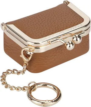 Genuine Leather Mini Jewelry Women's Coin Purse Solid Color Kiss Lock Change Pouch Casual Style Small Storage Bag for Women 1894 (Brown with Chain)