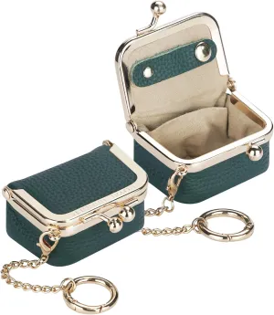 Genuine Leather Mini Jewelry Women's Coin Purse Solid Color Kiss Lock Change Pouch Casual Style Small Storage Bag for Women 1894 (Dark Green with Chain)