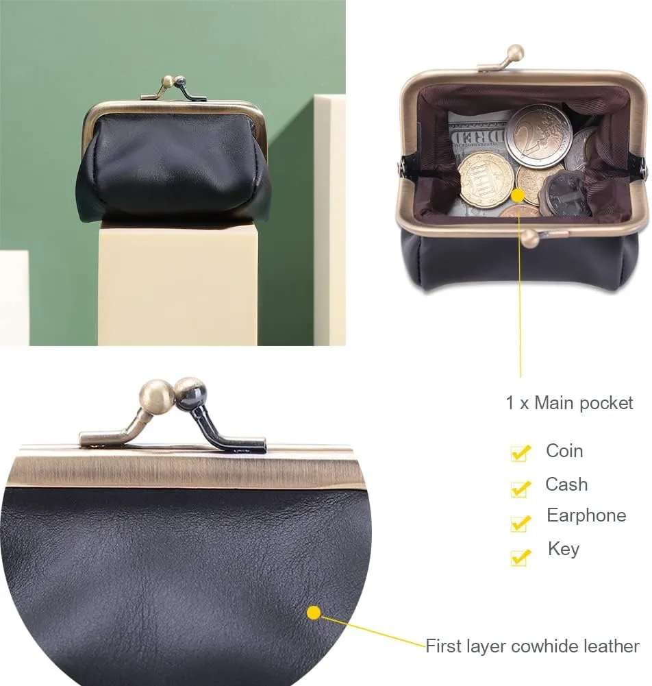 Genuine Leather Mini Vintage Coin Purse Kiss Lock change purse Cute Coin Purse Coin Organizer (Black)