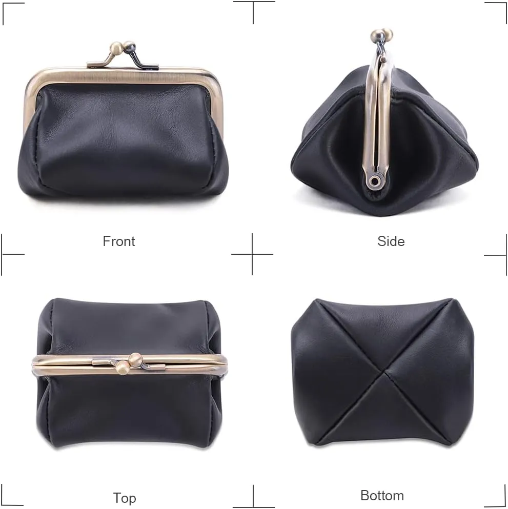 Genuine Leather Mini Vintage Coin Purse Kiss Lock change purse Cute Coin Purse Coin Organizer (Black)