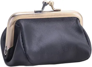 Genuine Leather Mini Vintage Coin Purse Kiss Lock change purse Cute Coin Purse Coin Organizer (Black)
