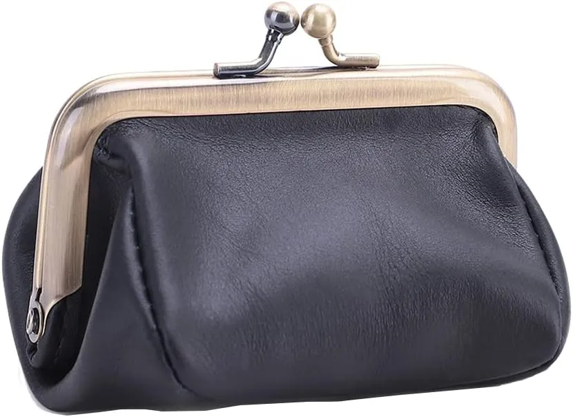 Genuine Leather Mini Vintage Coin Purse Kiss Lock change purse Cute Coin Purse Coin Organizer (Black)