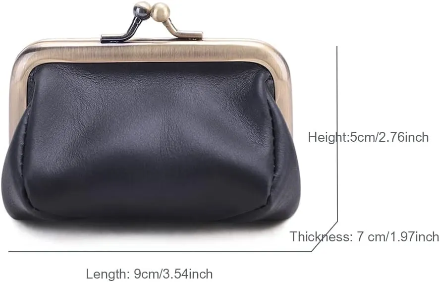 Genuine Leather Mini Vintage Coin Purse Kiss Lock change purse Cute Coin Purse Coin Organizer (Black)